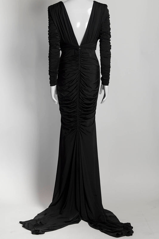 Alex Perry Black Lycra V-neck Ruched Gown 12