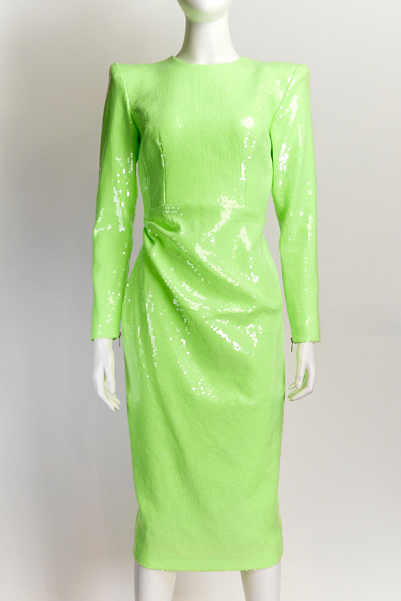 Alex Perry Crew Neck Midi Length Neon Green Sequin Dress US10