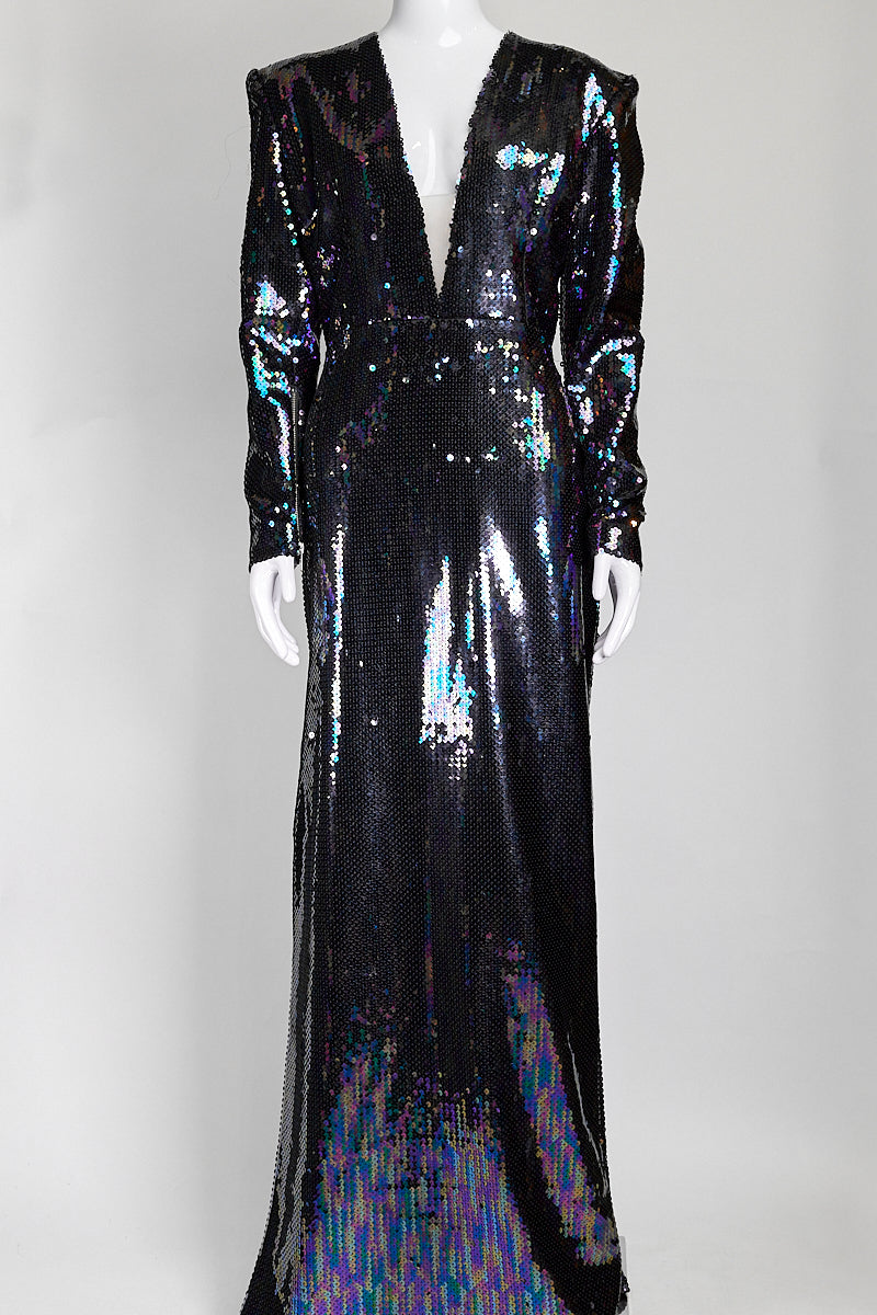 Alex Perry Iris Petrol Blue Sequins Shoulder-Padded Draped Dress UK 16