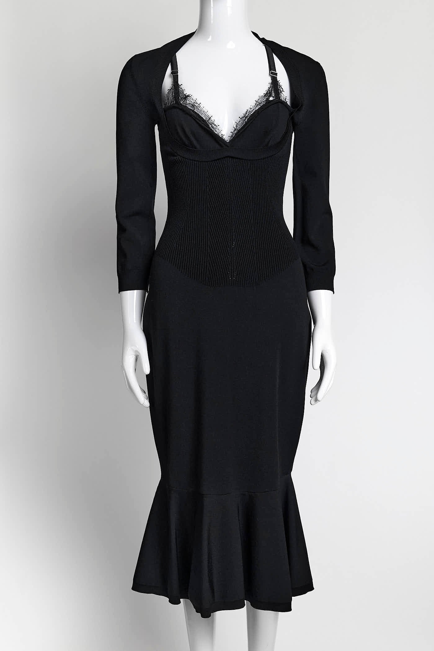 Alexander McQueen Black Kint with Lace Detail Dress L