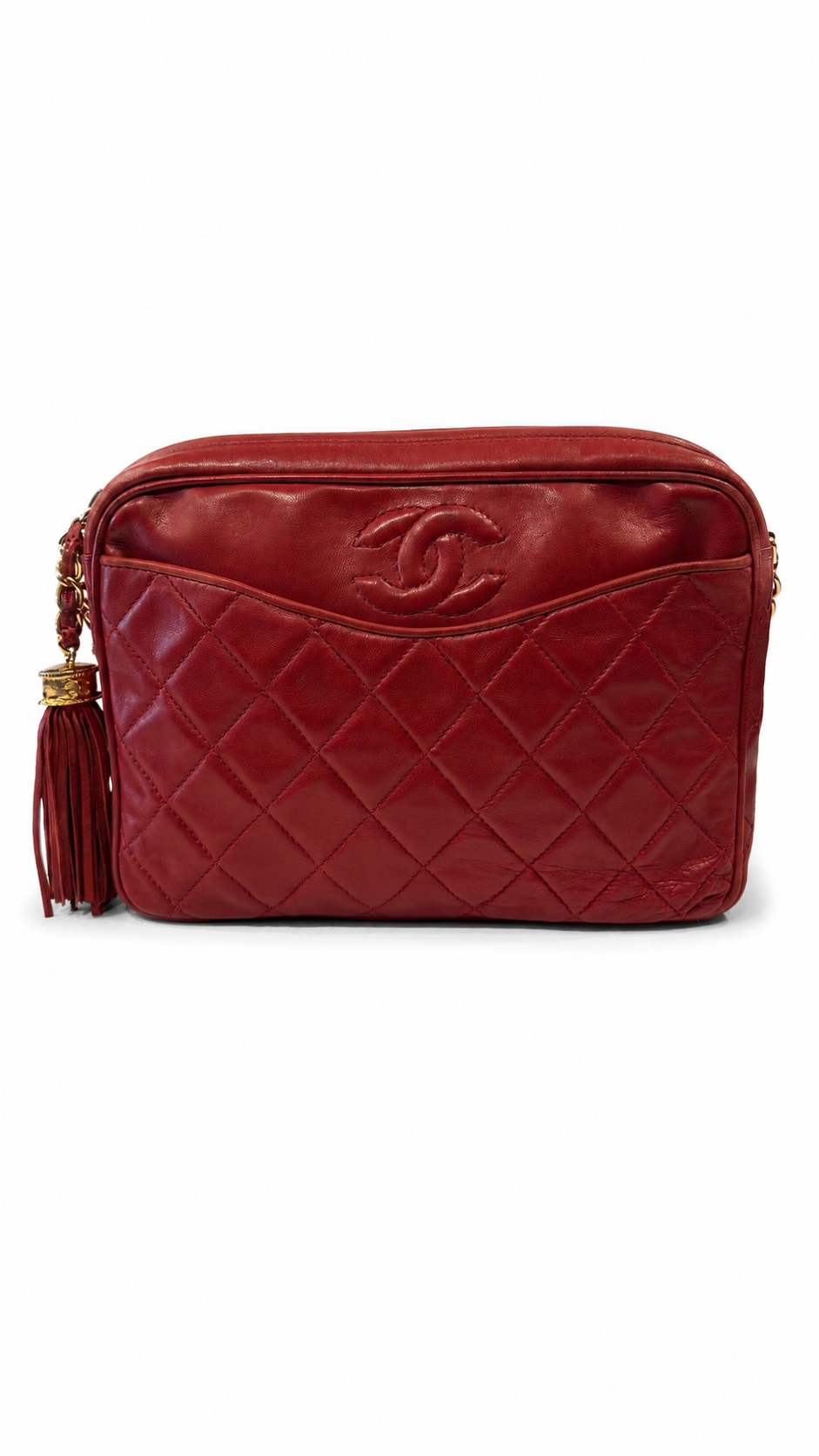 CHANEL RED QUILTED LEATHER VINTAGE CAMERA BAG