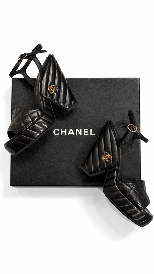 Chanel Lambskin Quilted Peep Toe Wedge Sandals - SIZE 37.5