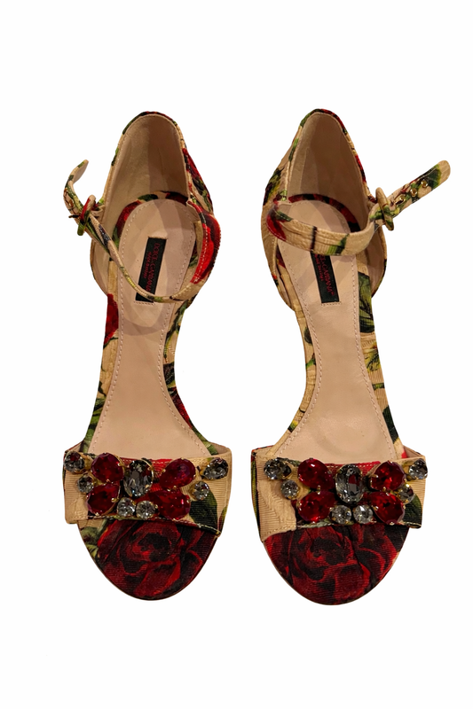 DOLCE AND GABBANA EMBELLISHED FLORAL PRINT BROCADE SANDALS