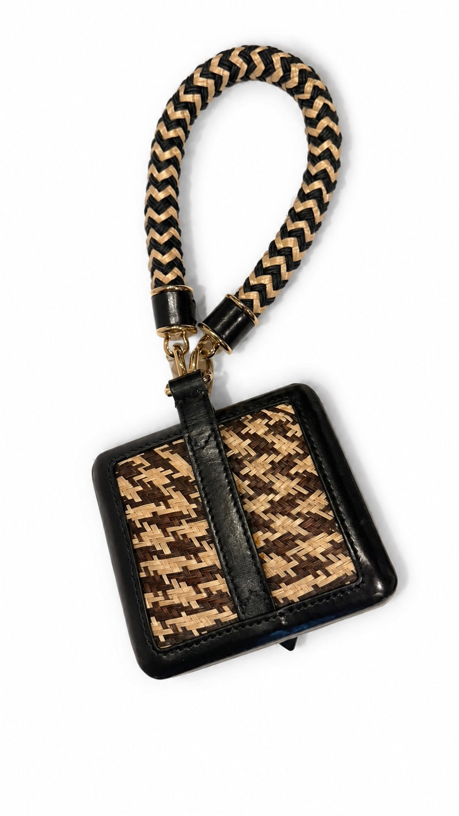 burberry rare black leather and woven straw wristlet bag