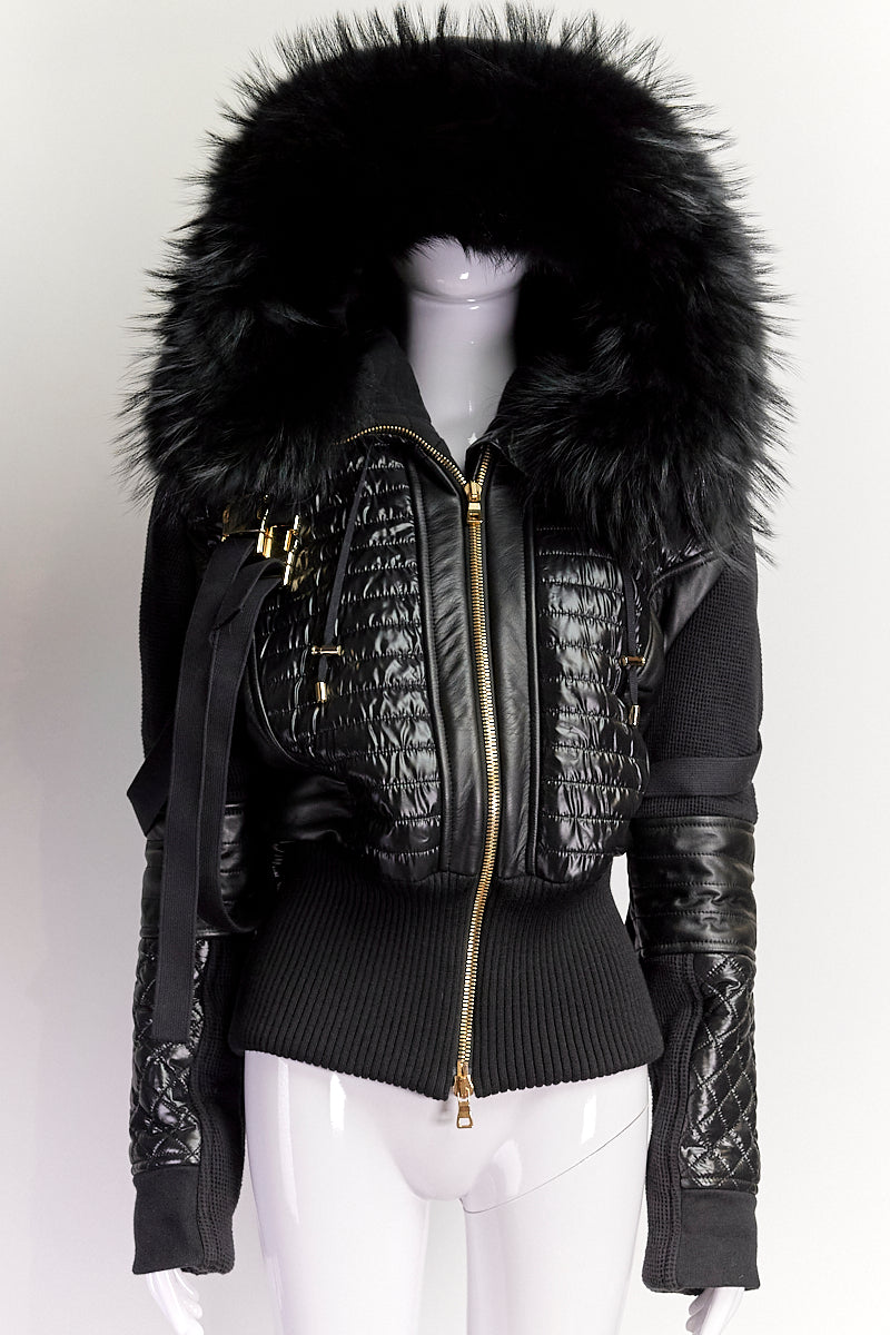 BALMAIN BLACK NYLON QUILTED/HARNESS JACKET WITH FUR HOOD IT38