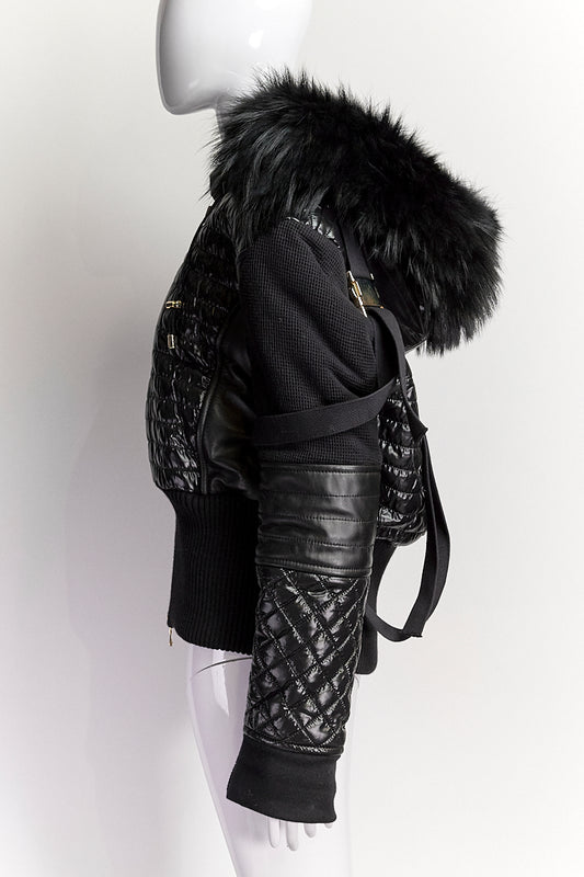 BALMAIN BLACK NYLON QUILTED/HARNESS JACKET WITH FUR HOOD IT38