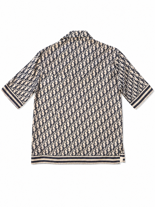 Christian Dior Navy Blue/White Jacquard Silk Shirt 37