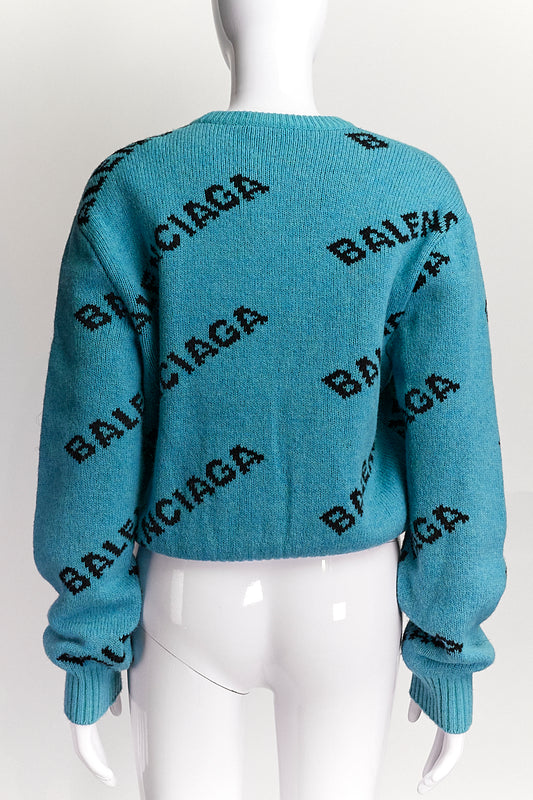 Balenciaga Jacquard Logo Crew Neck Turquoise Sweater IT36