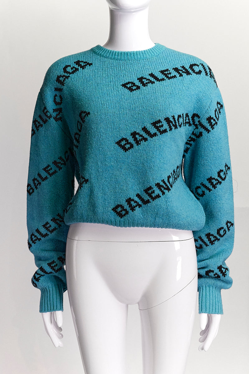 Balenciaga Jacquard Logo Crew Neck Turquoise Sweater IT36