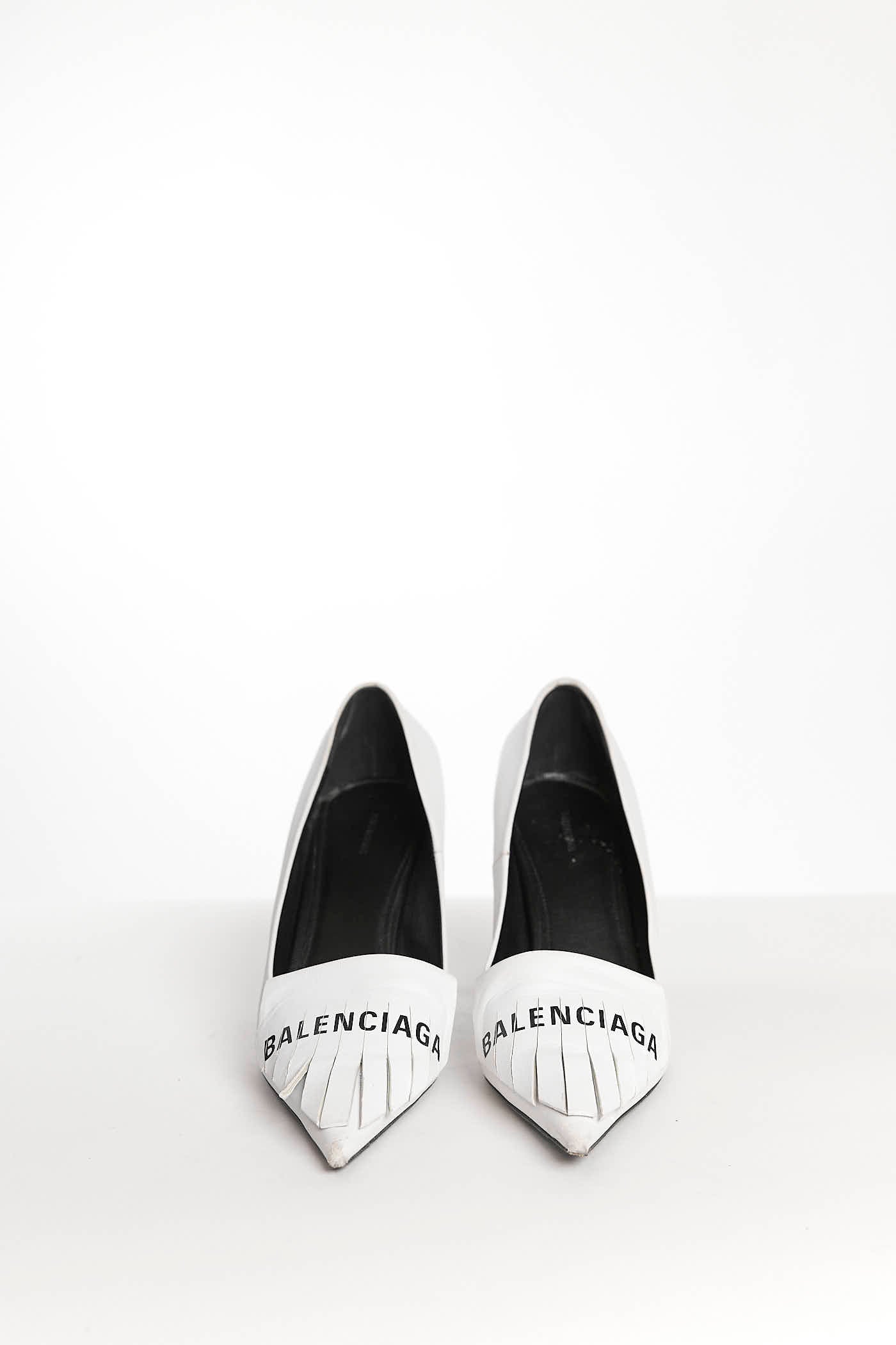 Balenciaga White Heels with Logo Printed on Fringe Toe 38.5