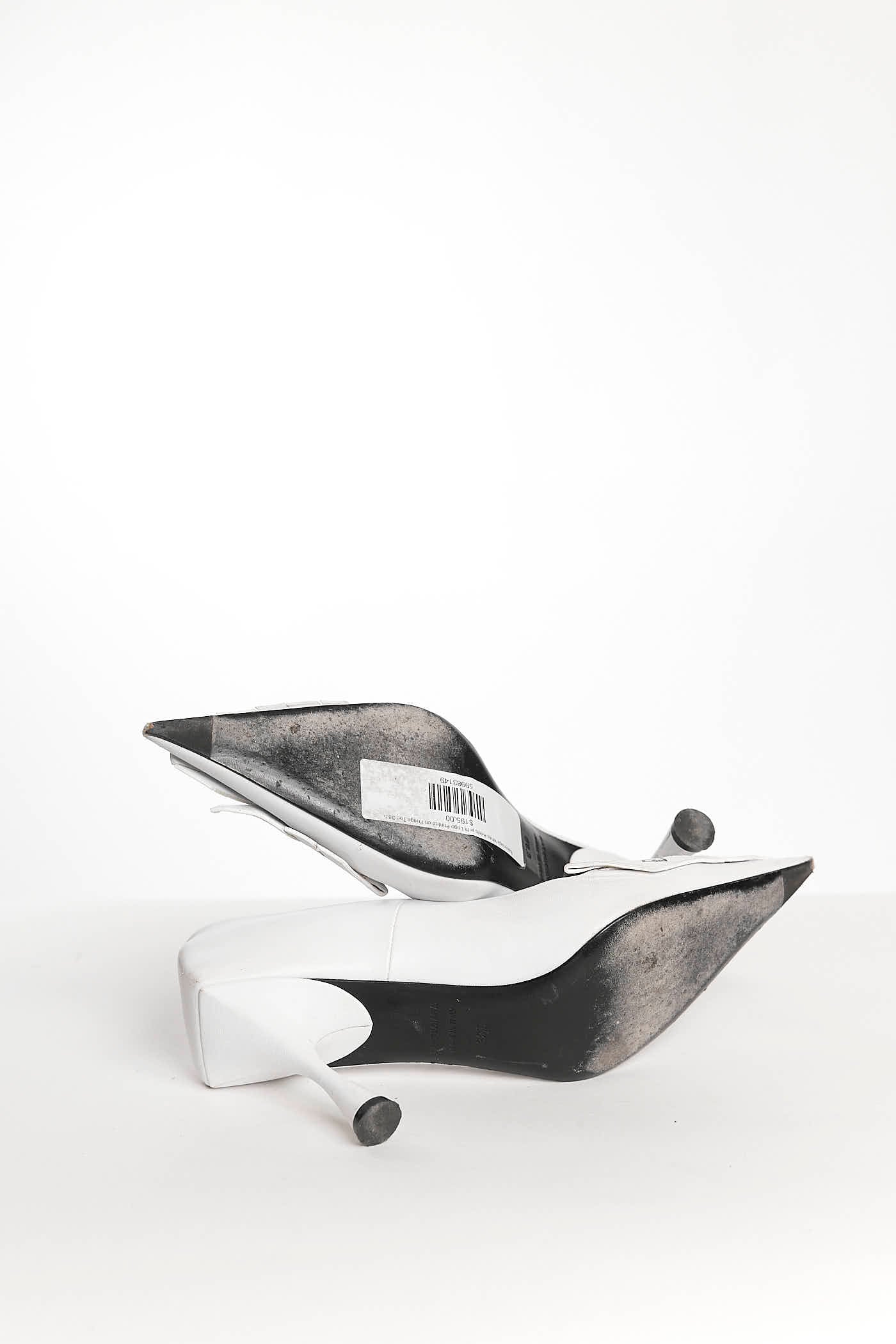 Balenciaga White Heels with Logo Printed on Fringe Toe 38.5
