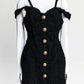 Balmain Black Textured Tweed Fabric Dress with Gold Buttons 38