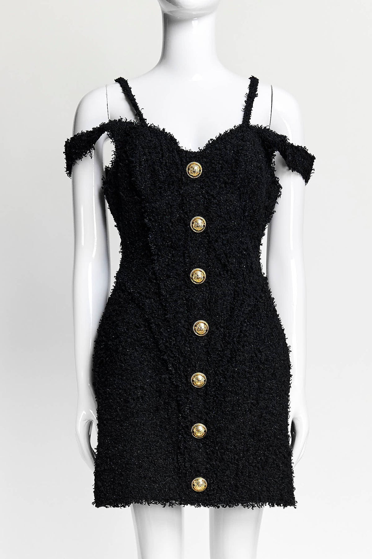Balmain Black Textured Tweed Fabric Dress with Gold Buttons 38