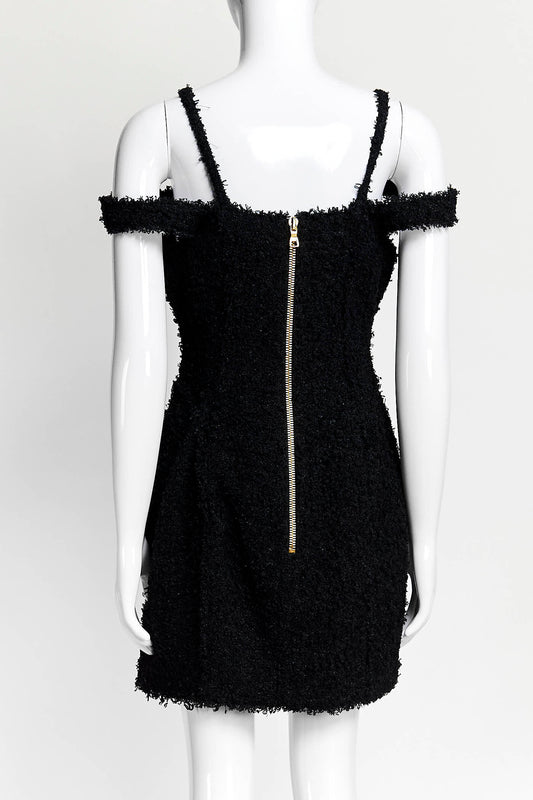 Balmain Black Textured Tweed Fabric Dress with Gold Buttons 38