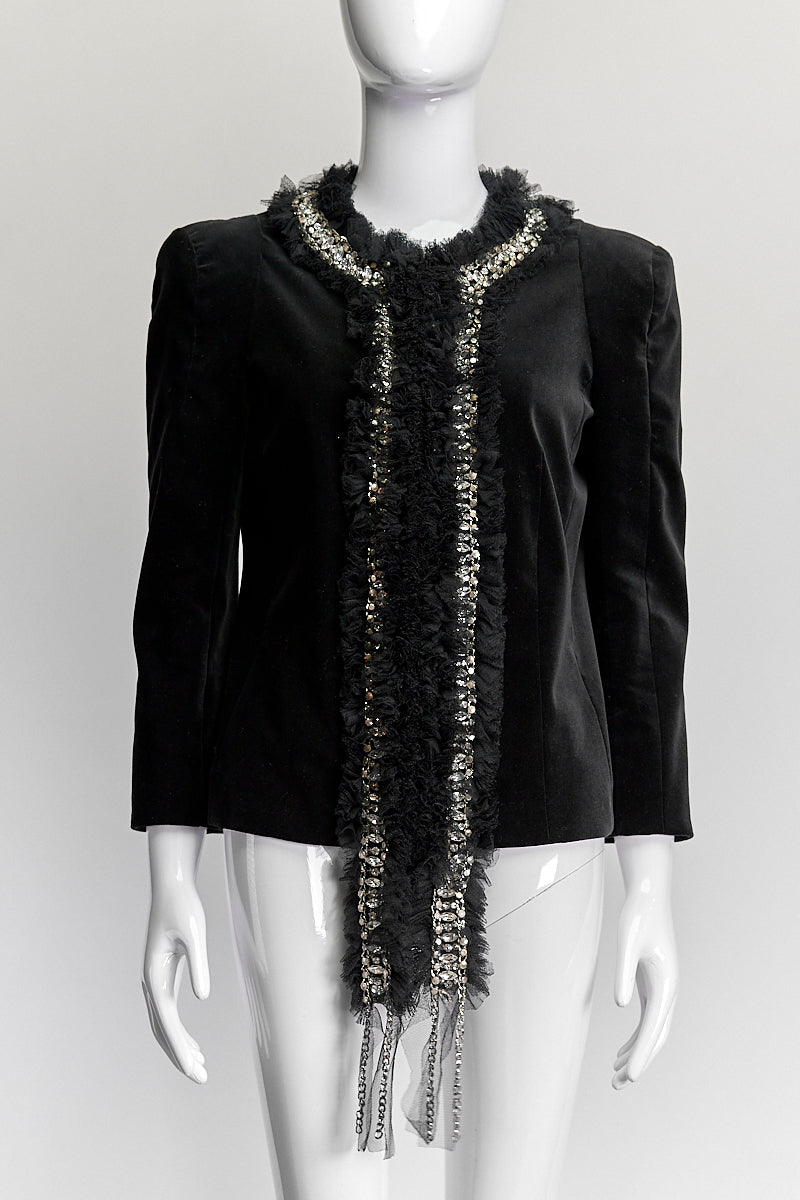 Balmain High Pagoda Shoulder Black Embellished Velvet Blazer IT 40