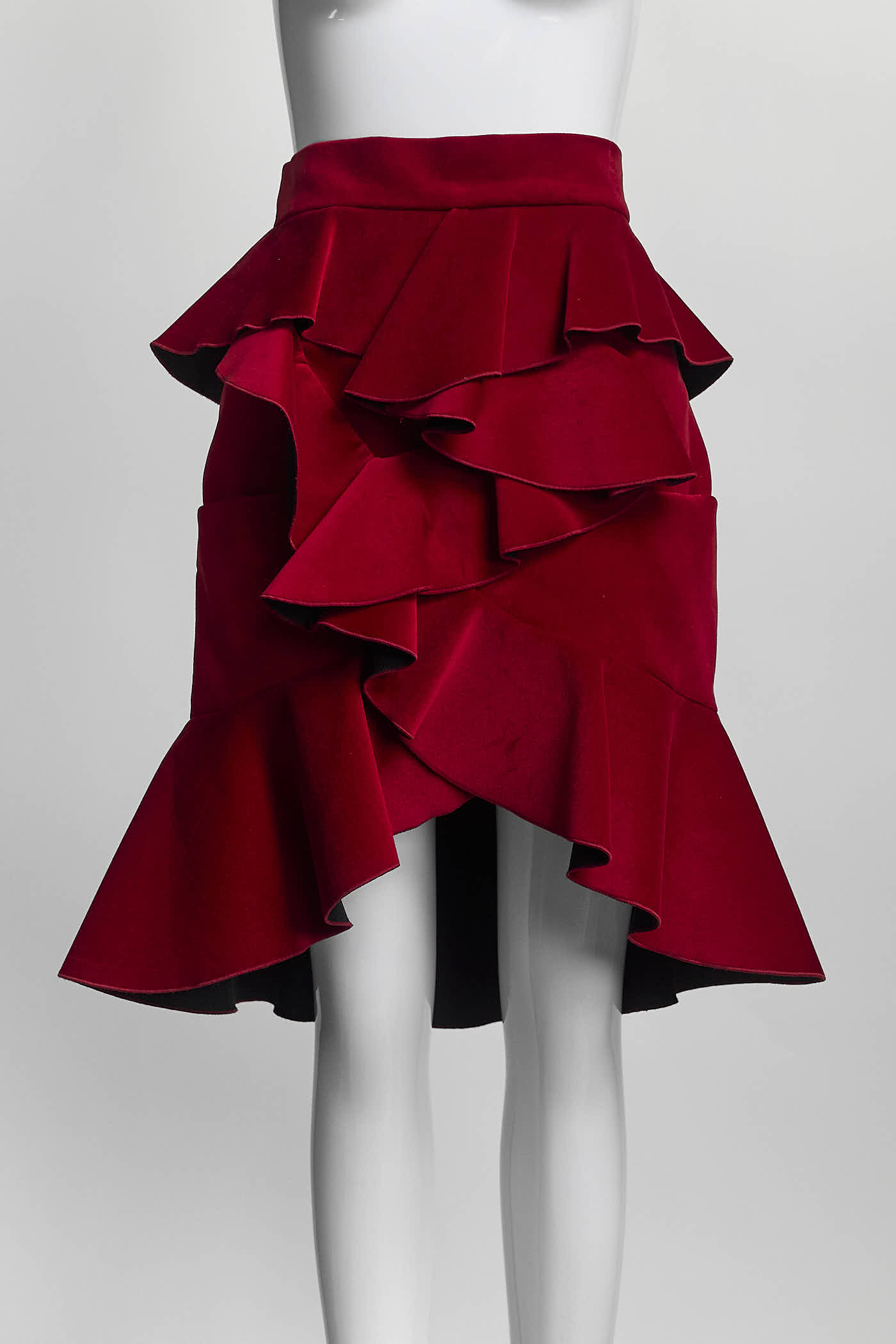 Balmain Ruffled Red Velvet Skirt 38