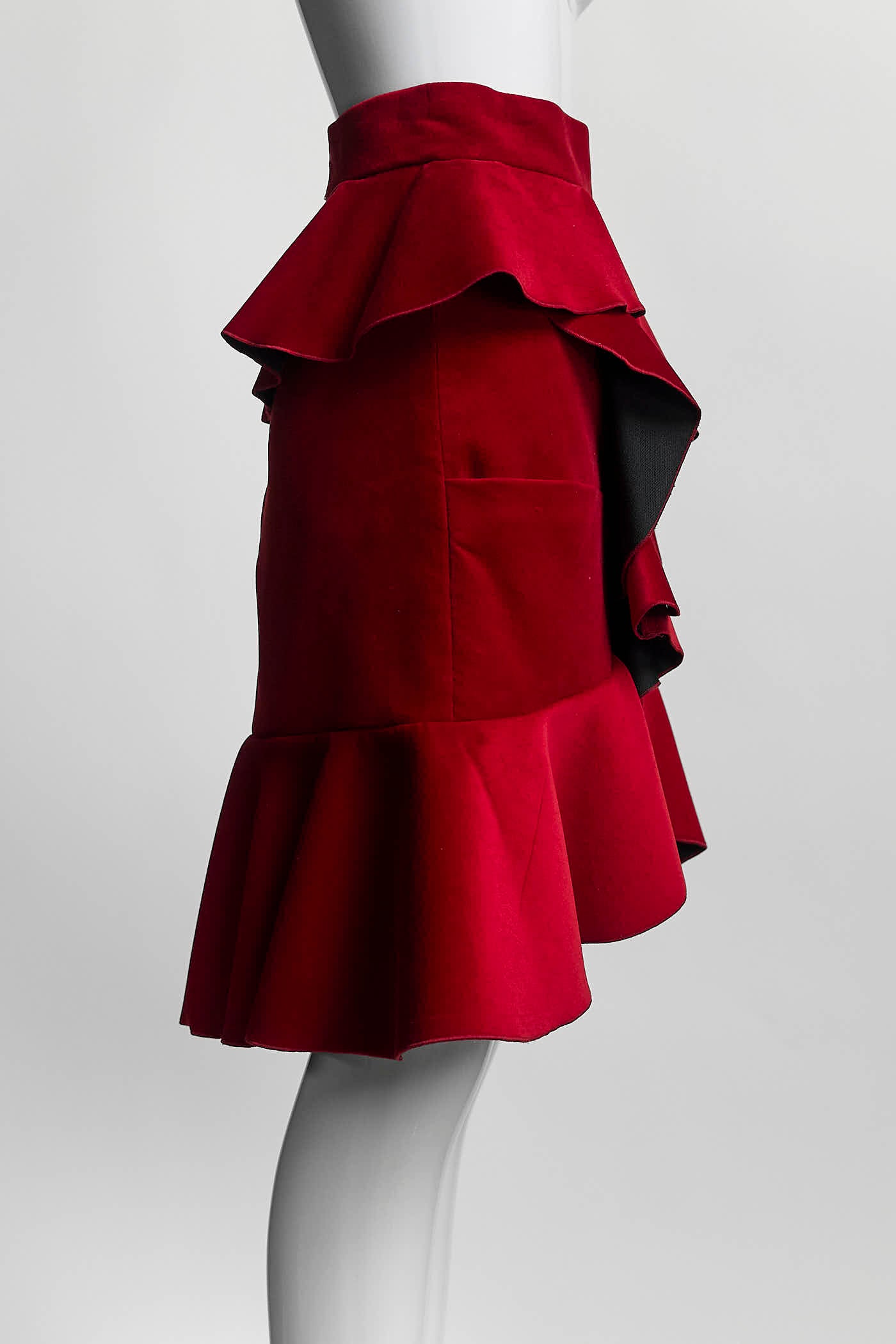 Balmain Ruffled Red Velvet Skirt 38