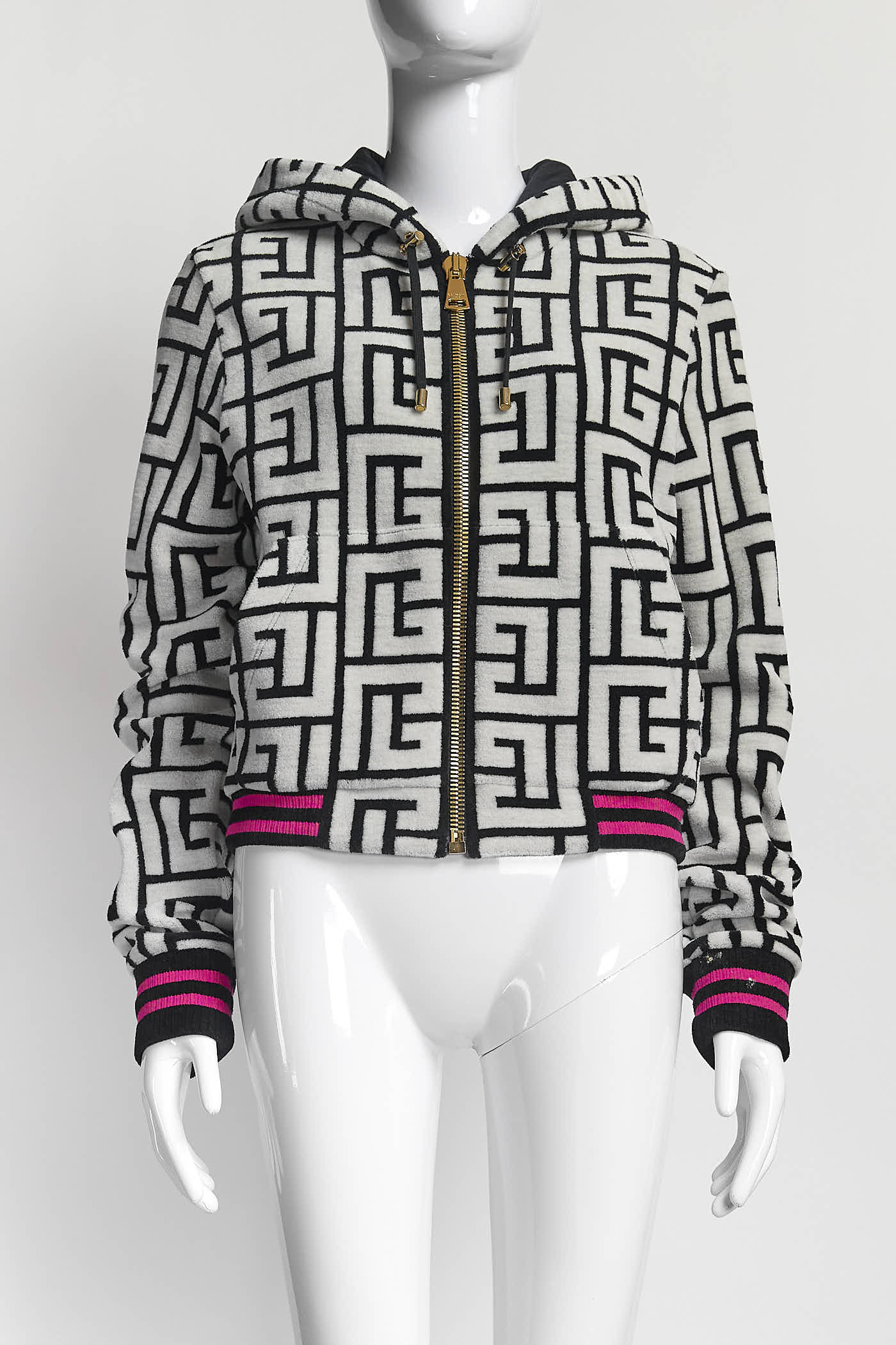 Balmain White with Black Monogram Hoodie Jacket M