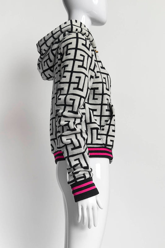 Balmain White with Black Monogram Hoodie Jacket M