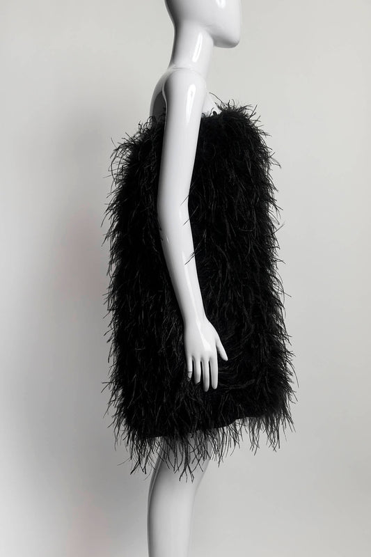 Black Feather Trim Dress L