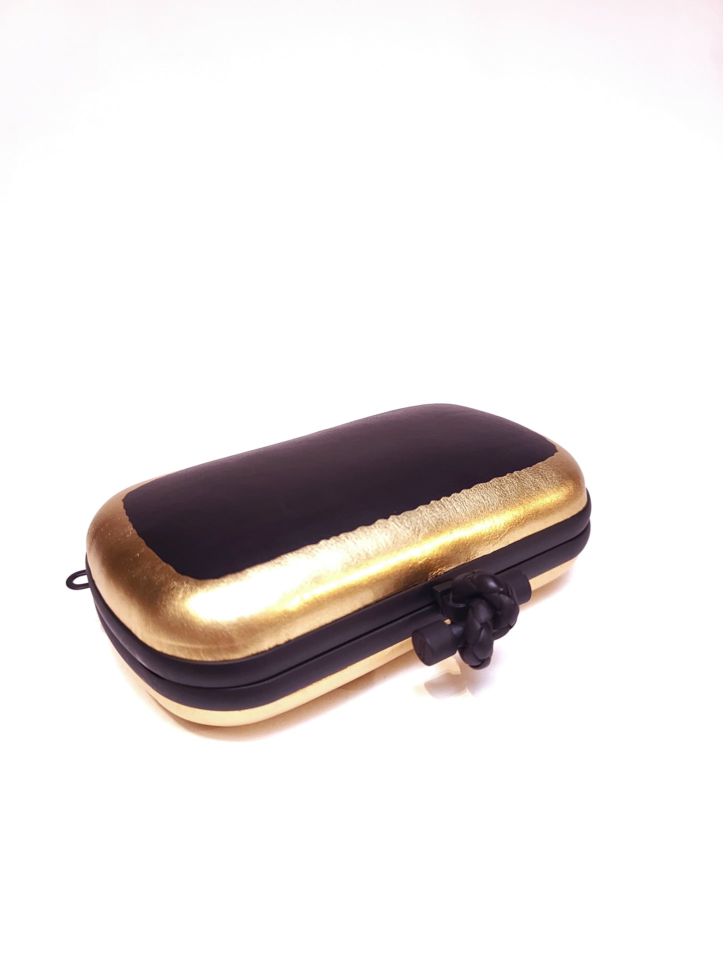 Bottega Veneta Gilded Waxed Leather Knot Clutch Gold Black