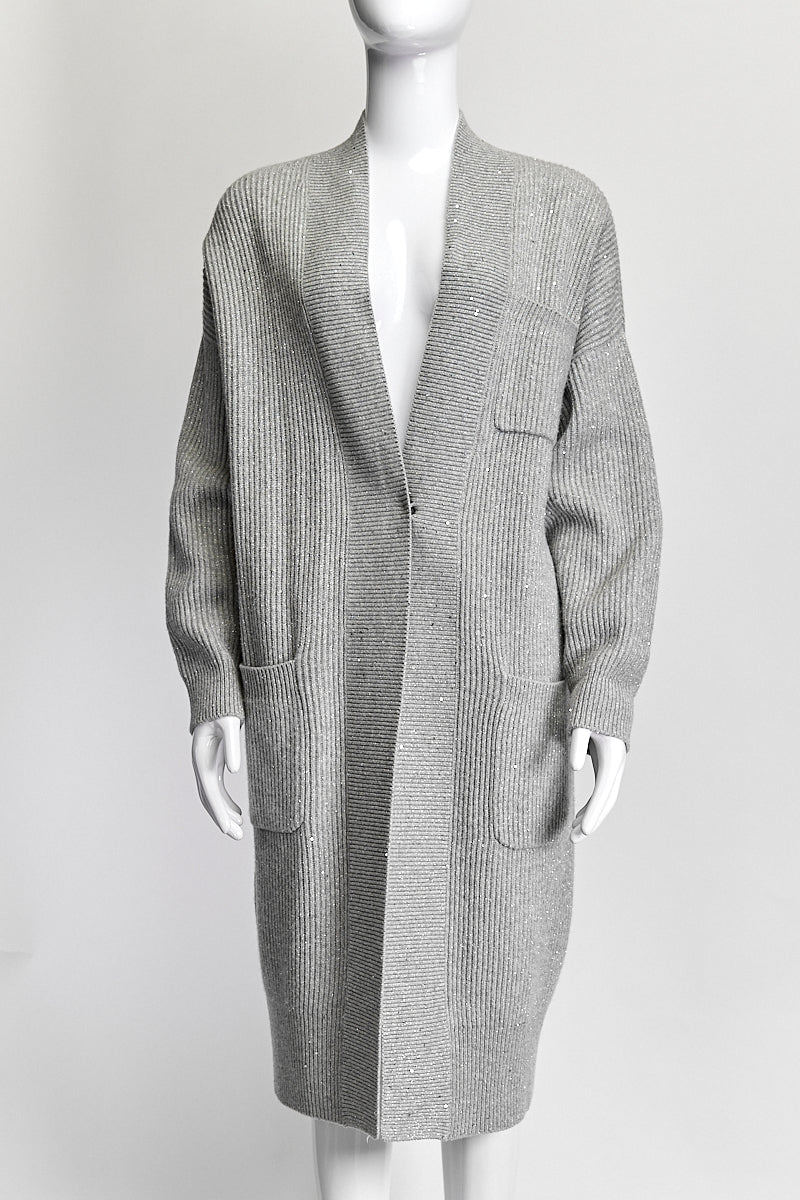 Brunello Cucinelli Grey Metallic Long Cardigan S