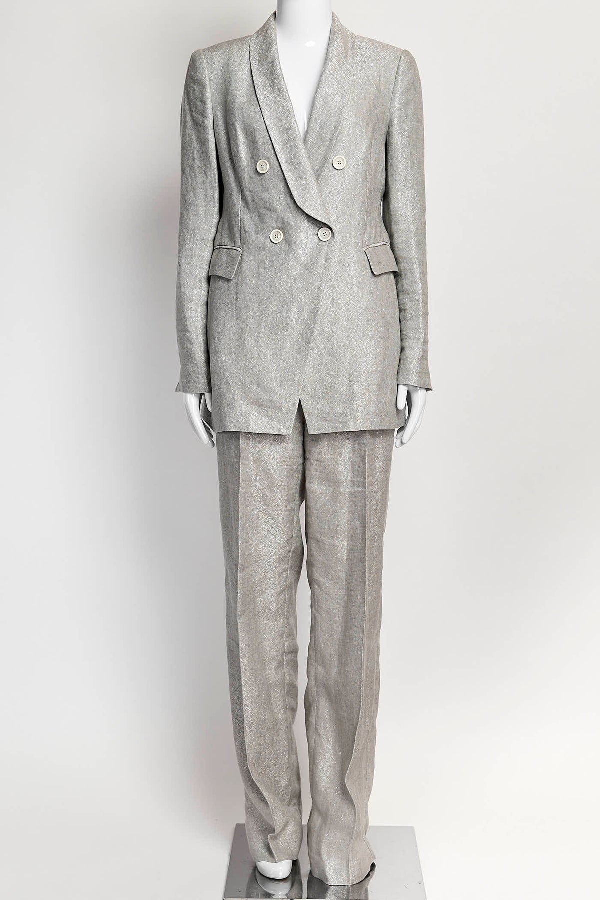 Brunello Cucinelli Silver Glitter Blazer and Pant Set  40