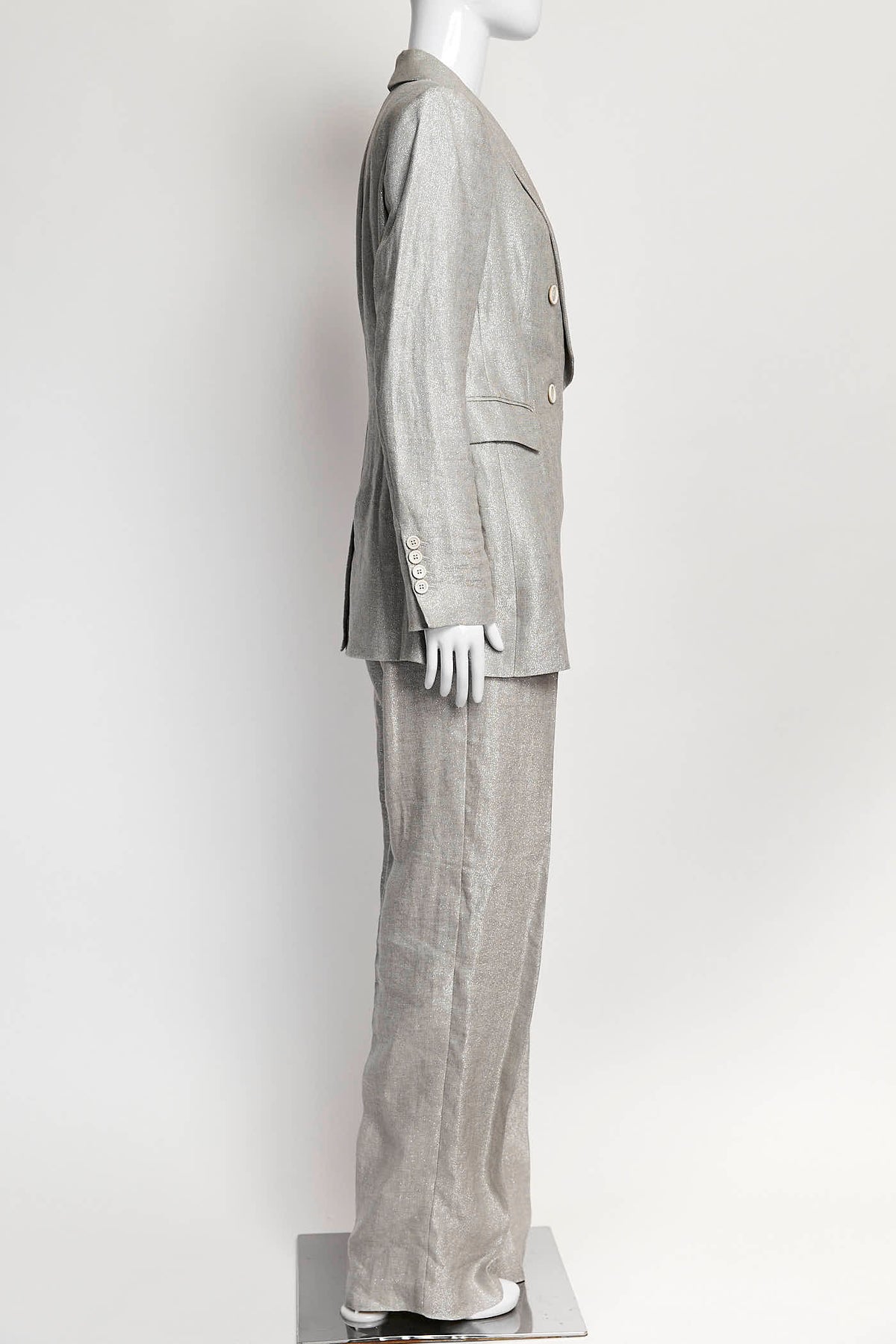 Brunello Cucinelli Silver Glitter Blazer and Pant Set  40