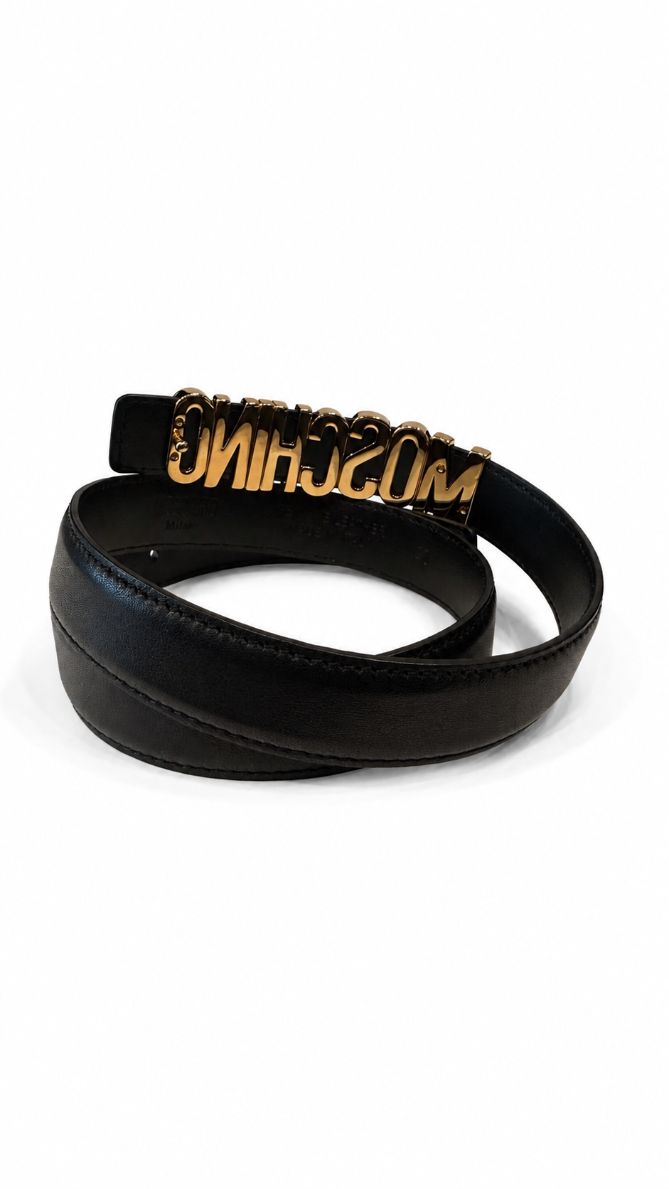 Moschino Black Leather Belt with Gold Logo 40