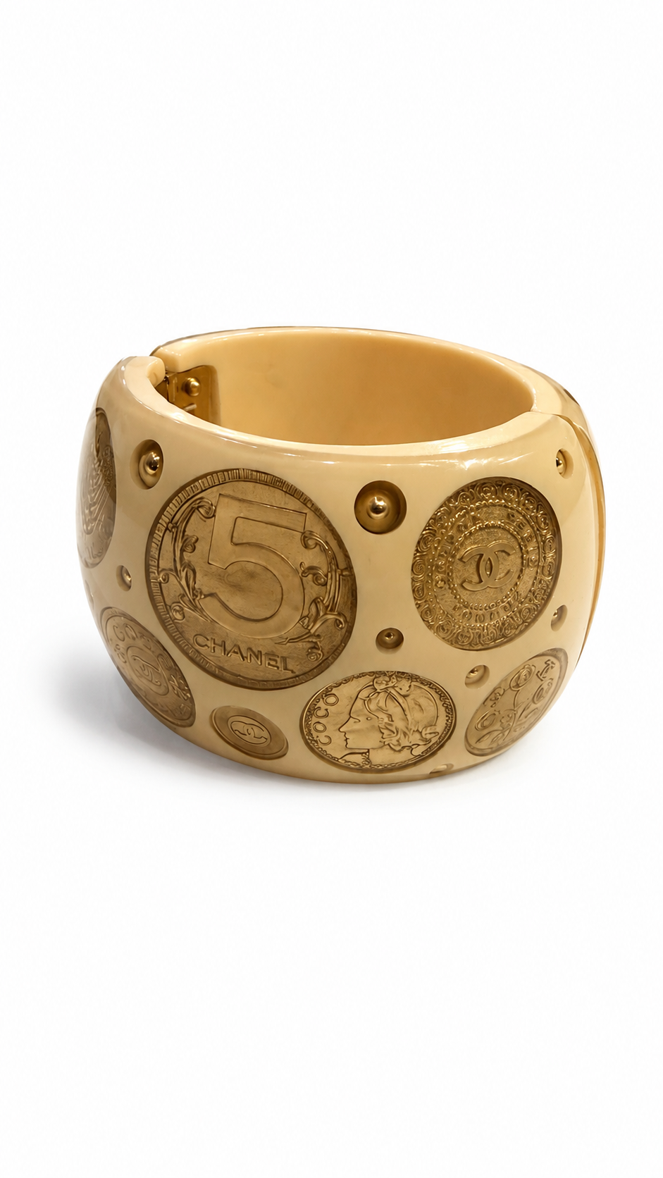 CHANEL "COCO RUE" RESIN AND CAAMBON COIN HINGED CUFF