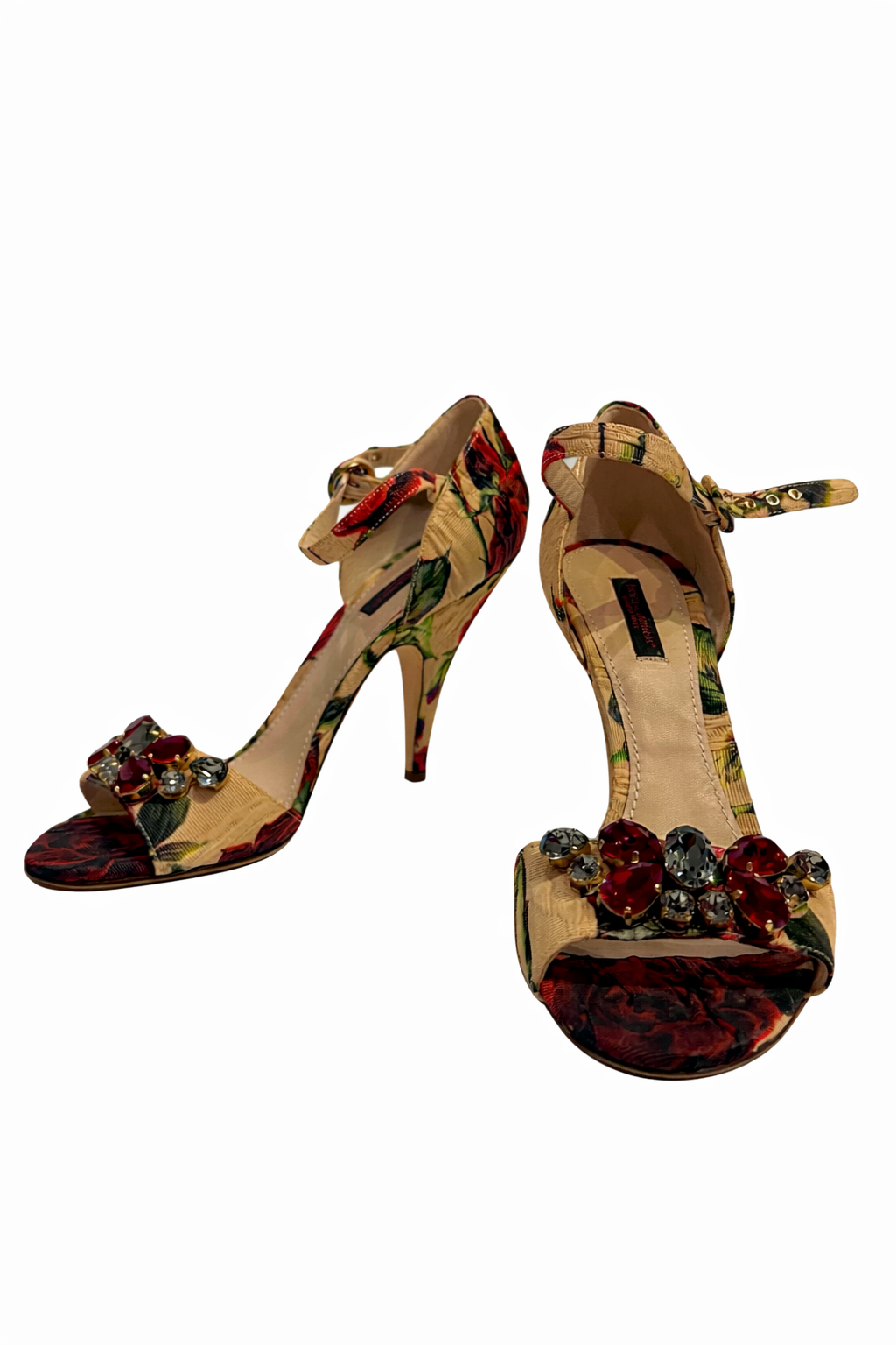 DOLCE AND GABBANA EMBELLISHED FLORAL PRINT BROCADE SANDALS