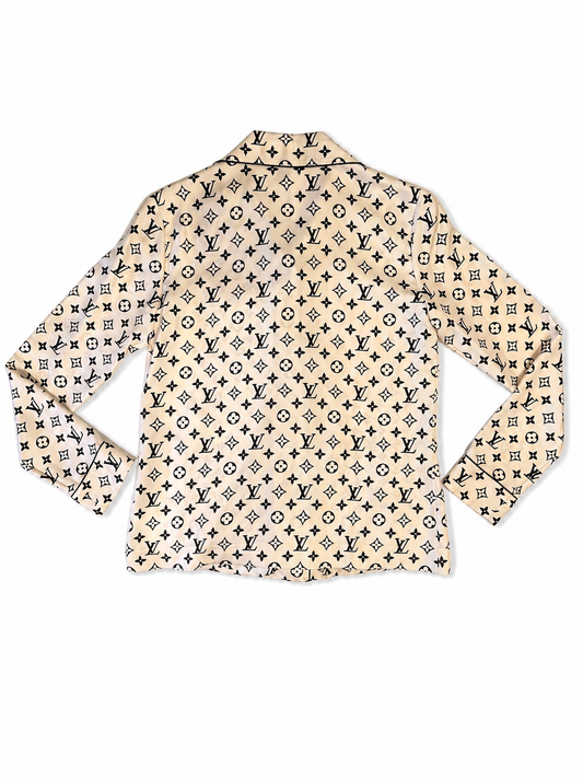 Louis Vuitton Navy Monogram Cream Silk Shirt 36