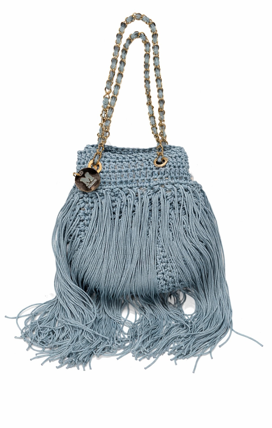 M MISSONI SKY BLUE FRINGE CROCHET GOLD CHAIN HANDLE BAG