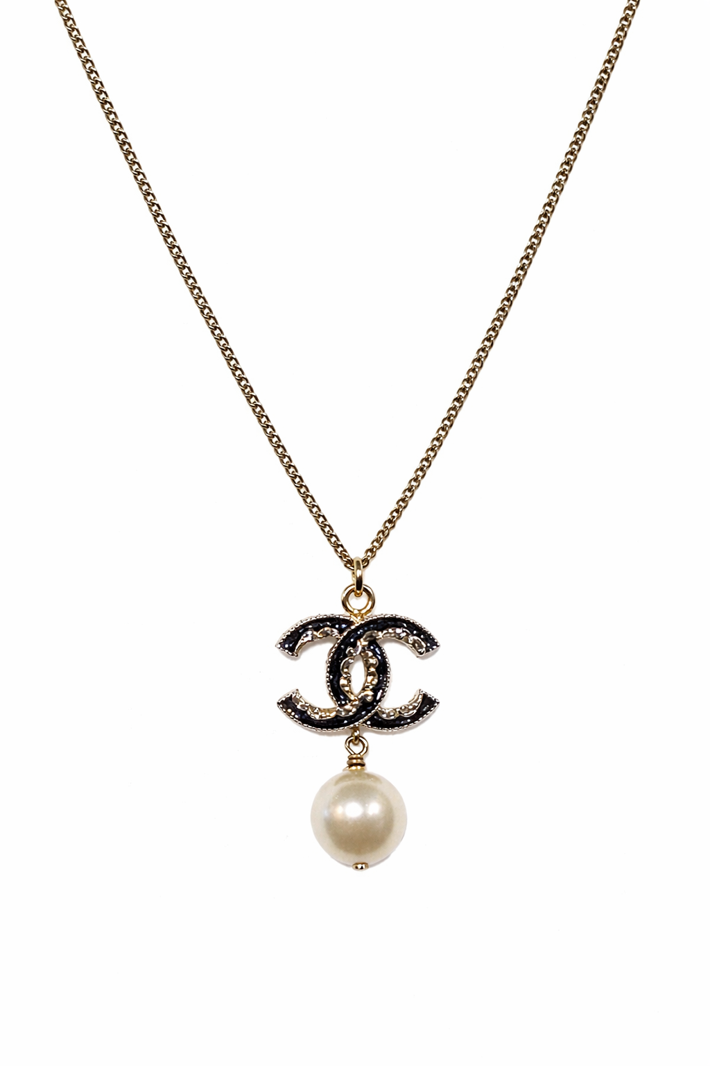 CHANEL GOLD TONED BLACK 'CC" FAUX PEARL DROP NECKLACE