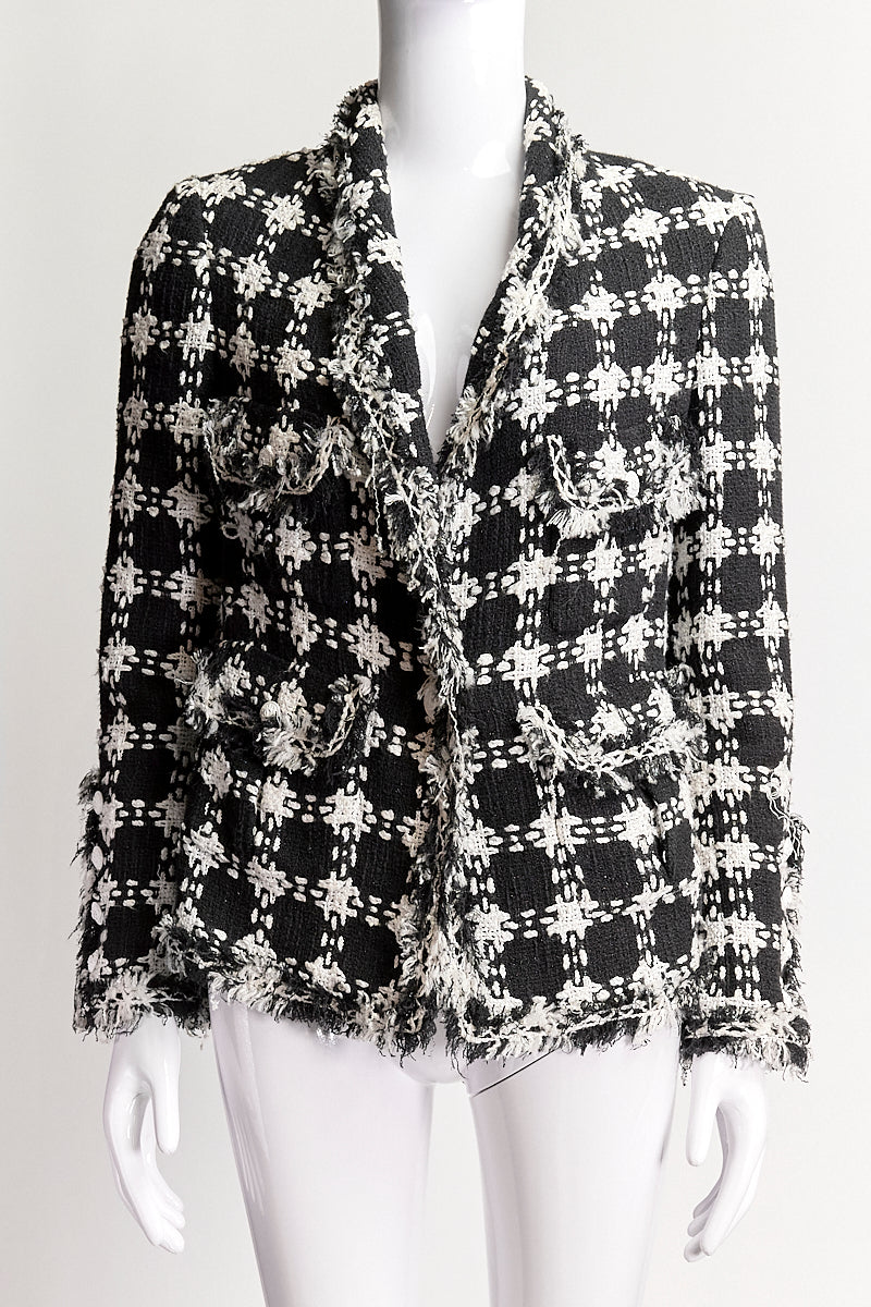 CHANEL 07 P BLACK AND WHITE TWEED JACKET WITH FRINGE FR36