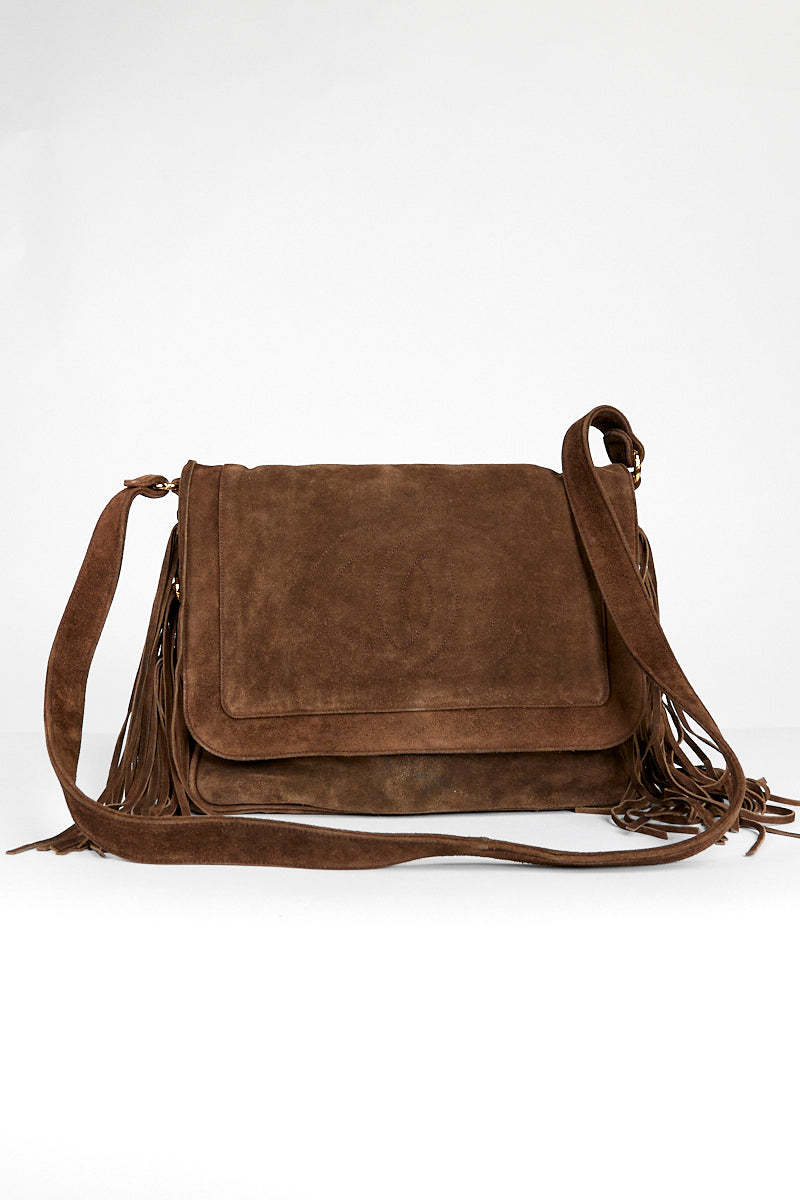 CHANEL BROWN SUEDE CC FRINGE MESSENGER  FLAP BAG