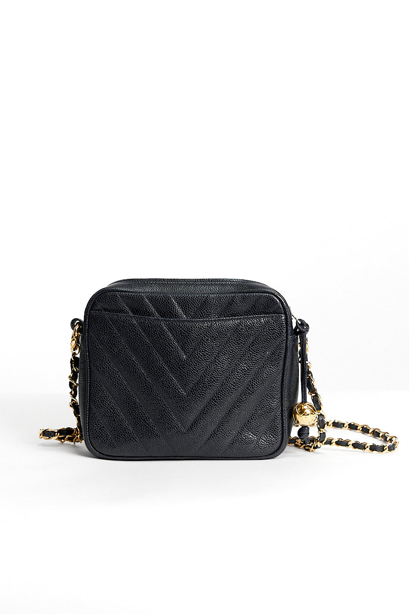 CHANEL Caviar Chevron Quilted Camera Bag