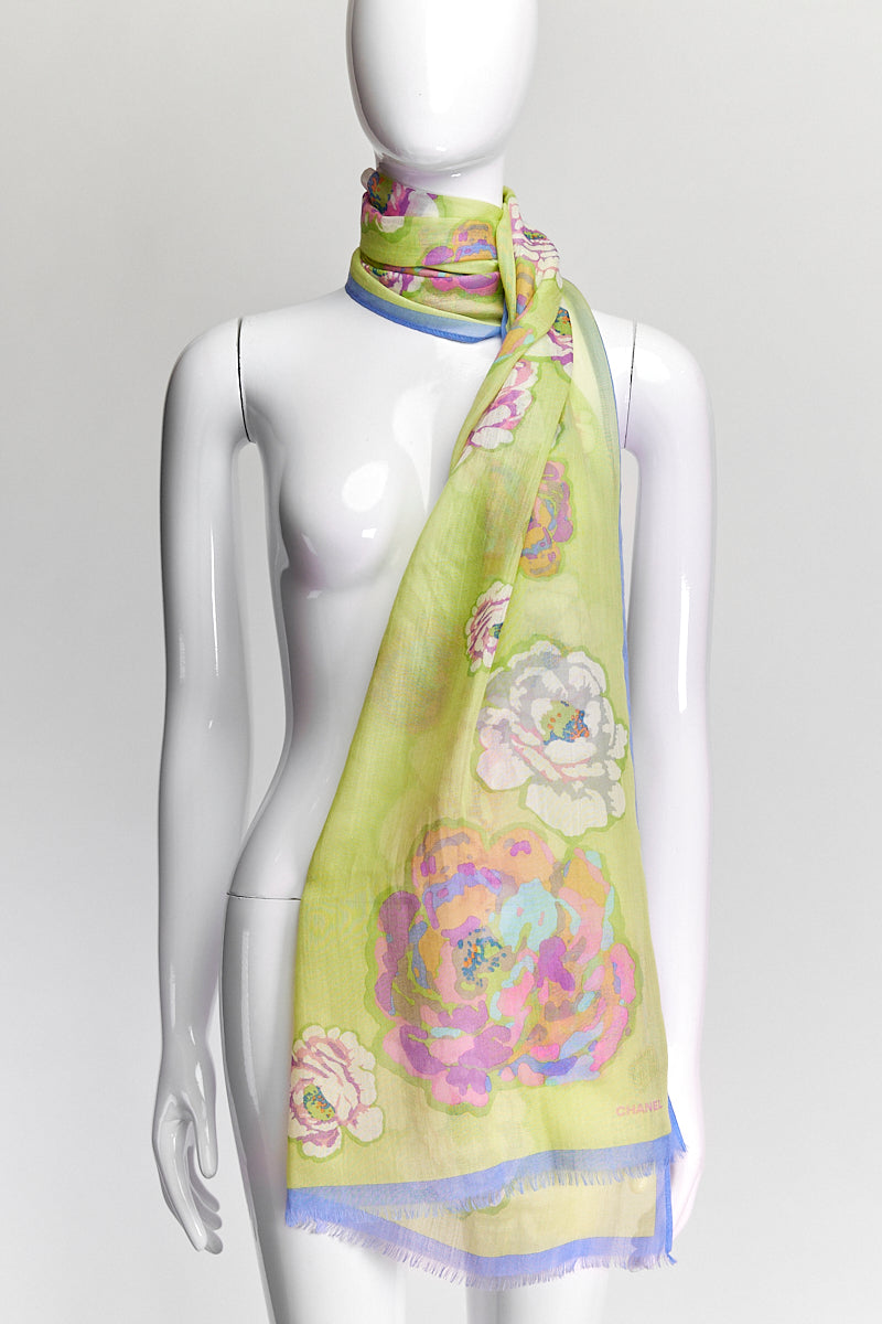 CHANEL Green Scarf with Camellia