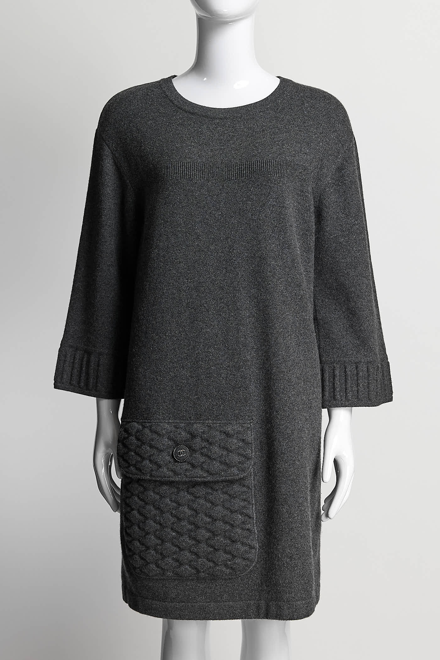 CHANEL Grey Quilted pocket Sweater Dress 36