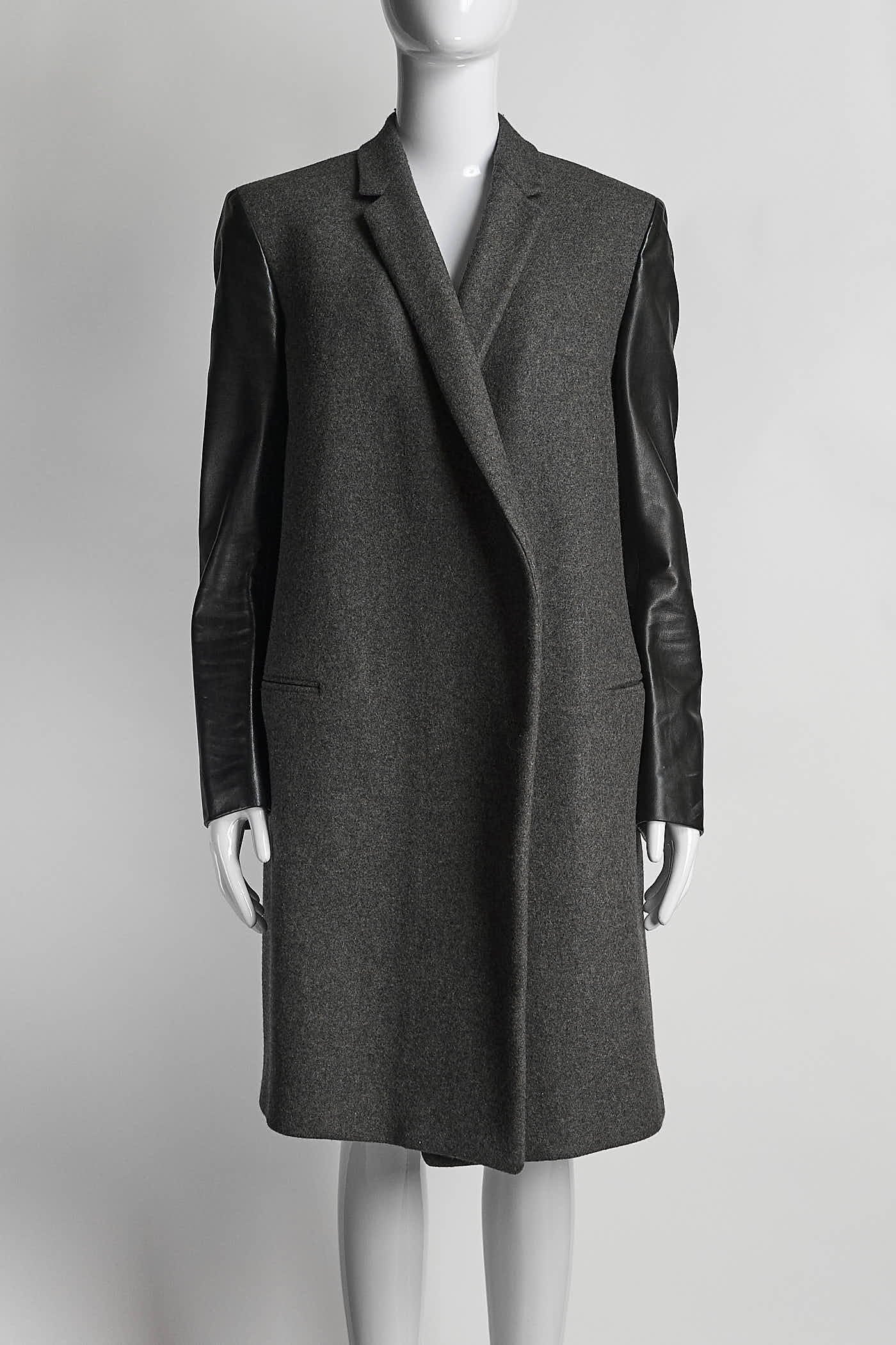 Celine Drak Grey Black Leather Panel Coat 40