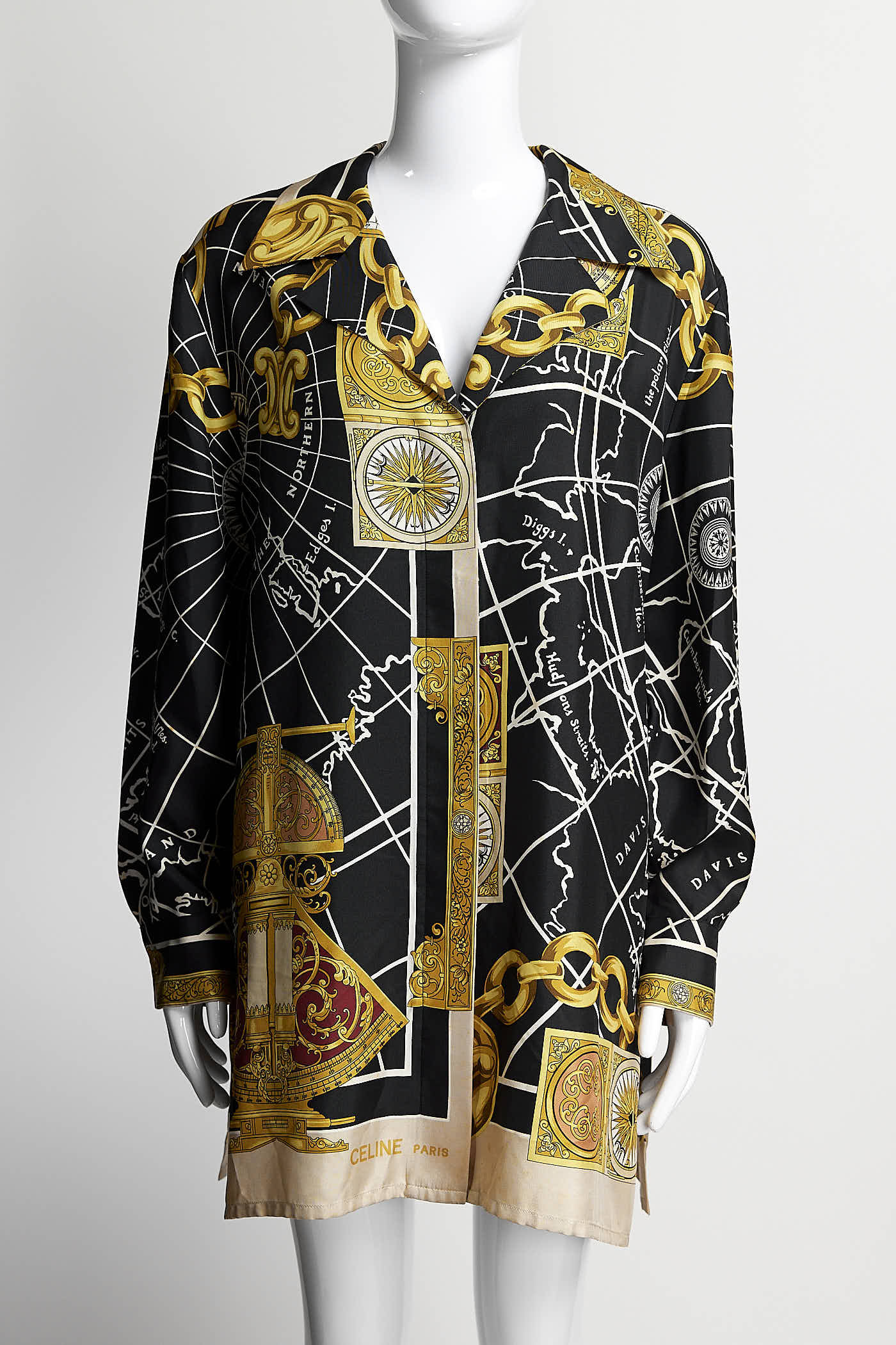 Celine Logo Print Long Sleeve Silk Blouse 42