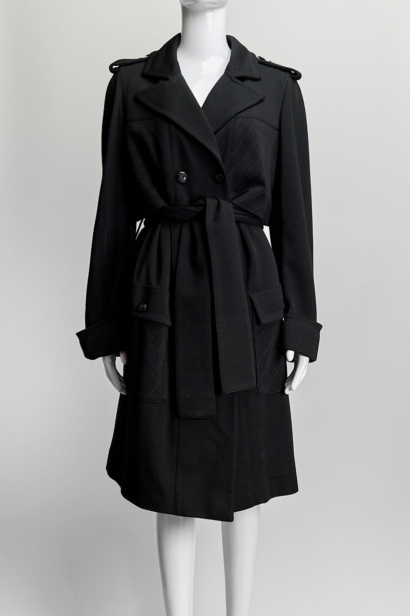 Chanel 11A Black Wool Knit Jersey Belted Trench Coat FR42