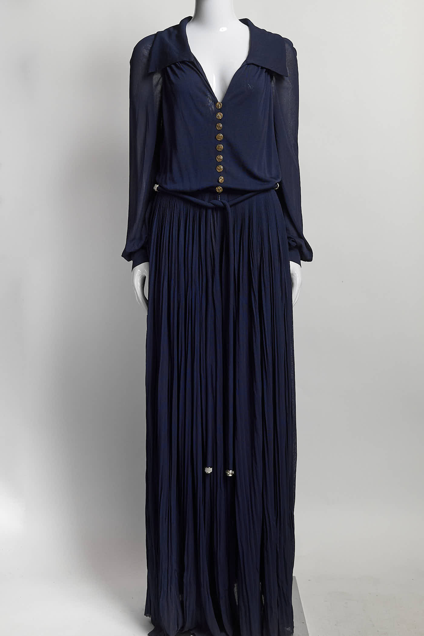 Chanel 2017 Runway Navy Gold CC Logo Buttons Pleated Belted Jumper 38