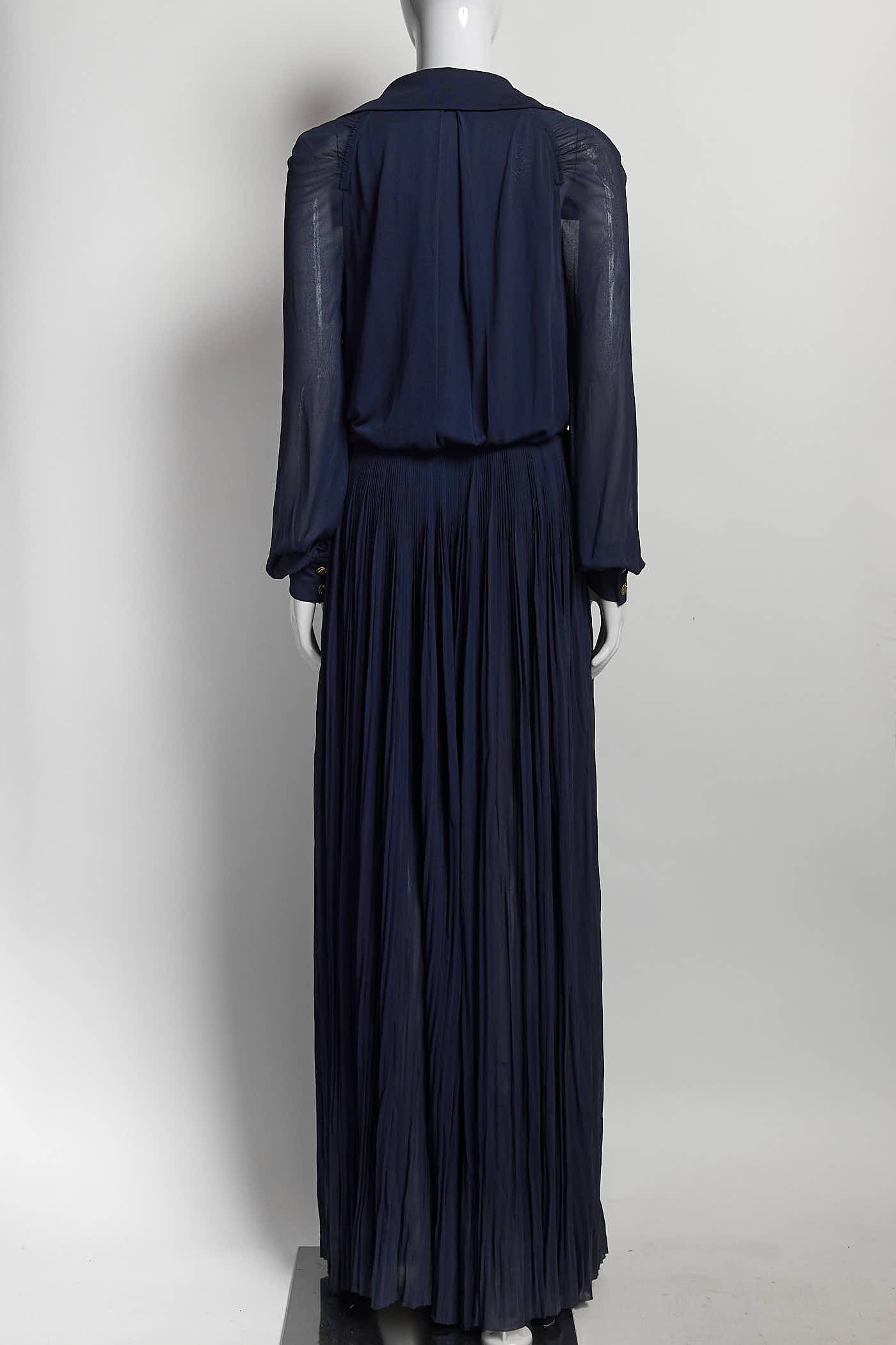 Chanel 2017 Runway Navy Gold CC Logo Buttons Pleated Belted Jumper 38