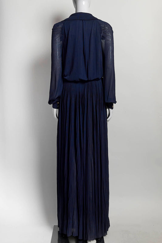 Chanel 2017 Runway Navy Gold CC Logo Buttons Pleated Belted Jumper 38