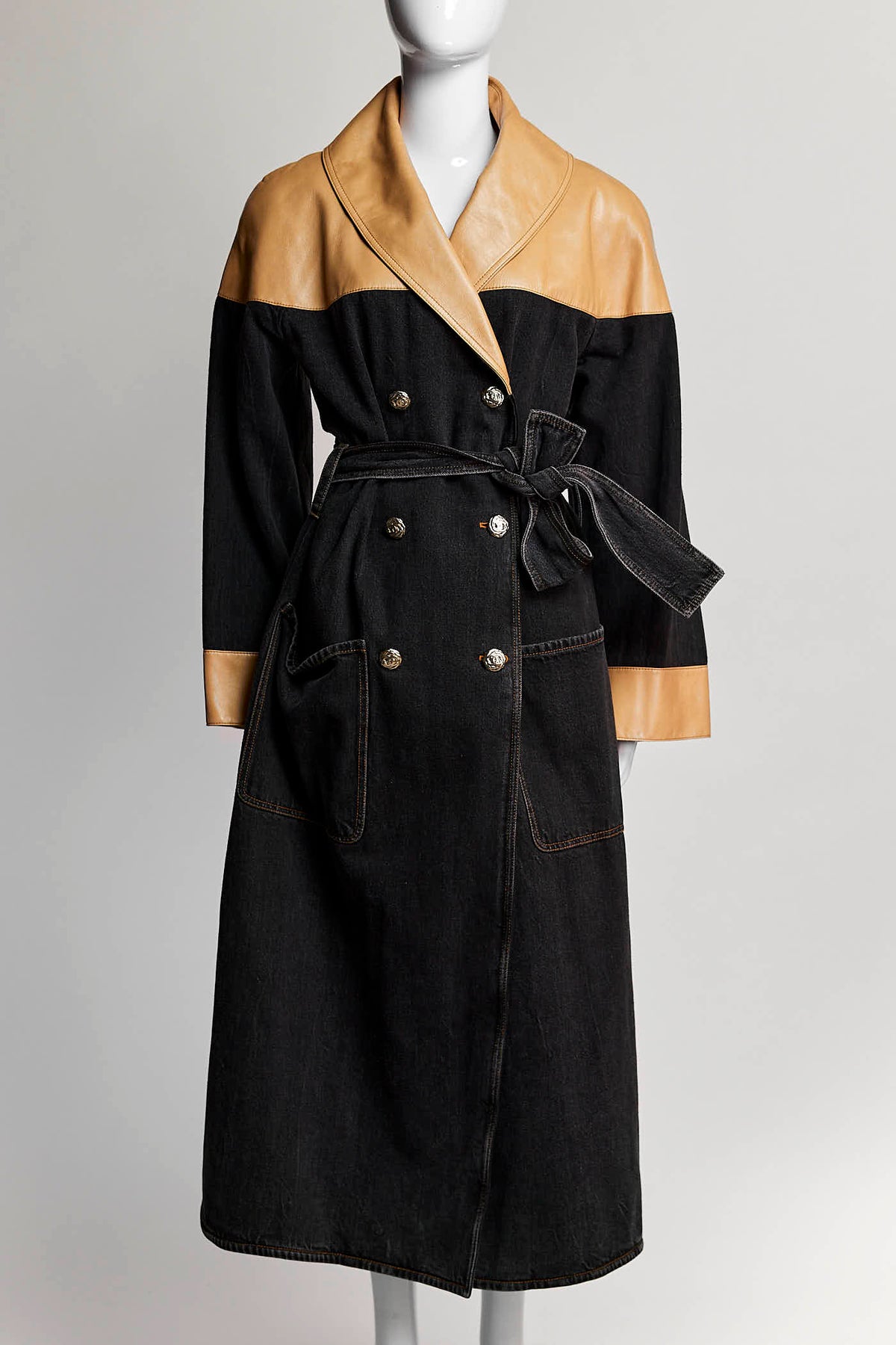 Chanel 2019 Black Denim and Beige Leather Trench Coat 38