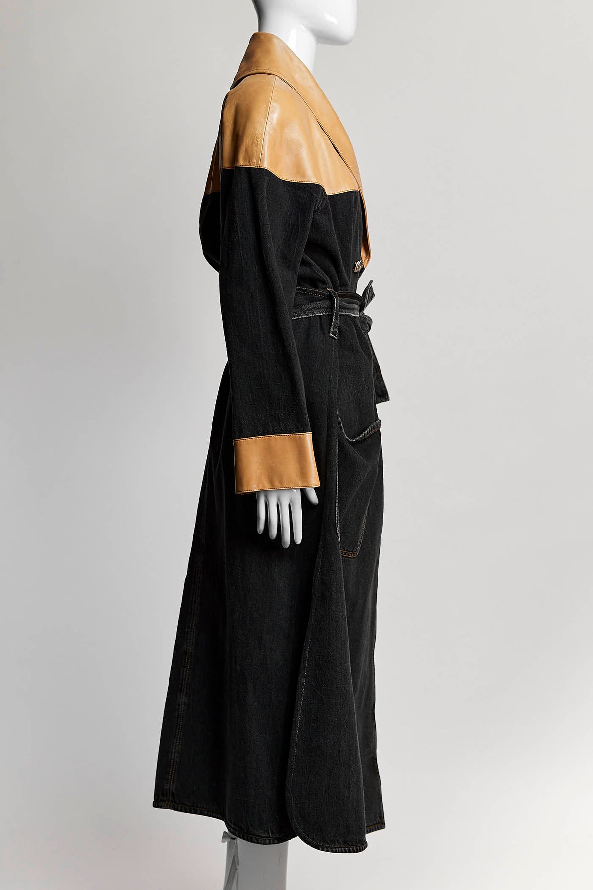 Chanel 2019 Black Denim and Beige Leather Trench Coat 38