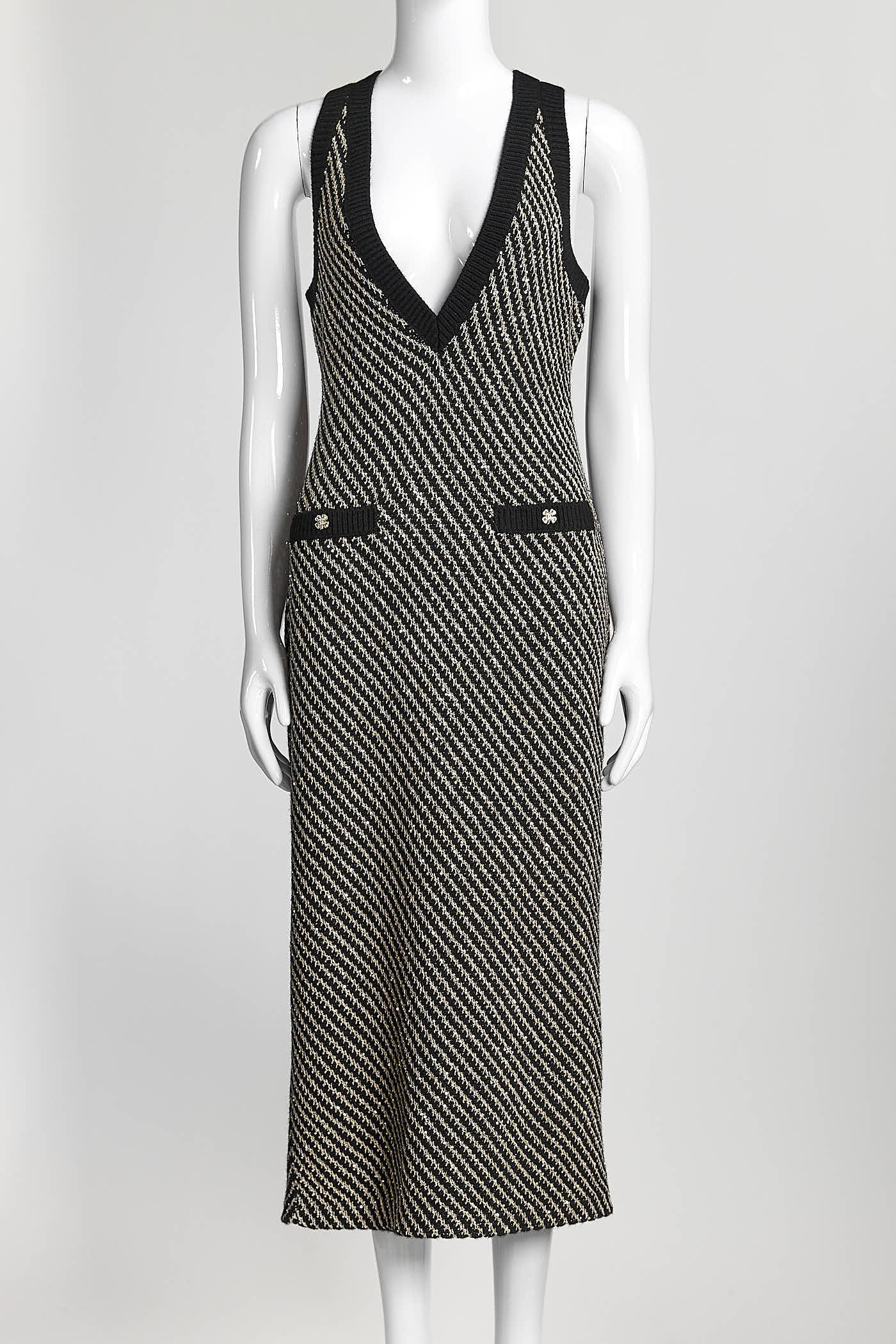 Chanel 2022 Black/Gold Sequin Knit Midi Length Dress 36