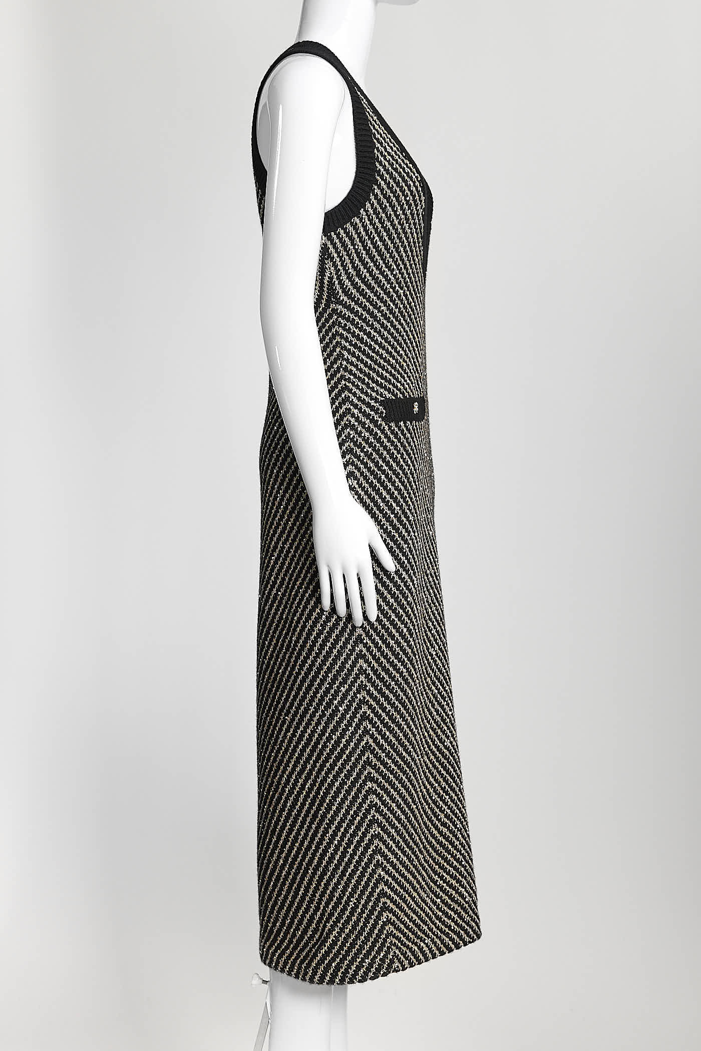 Chanel 2022 Black/Gold Sequin Knit Midi Length Dress 36