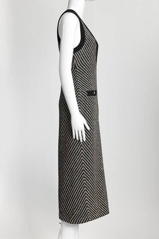 Chanel 2022 Black/Gold Sequin Knit Midi Length Dress 36
